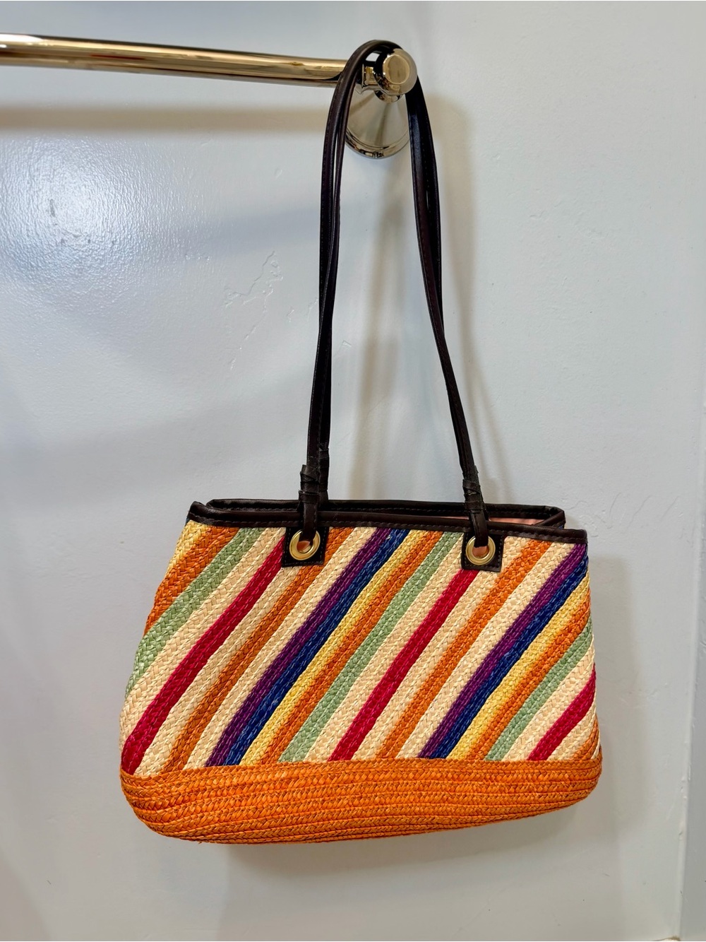 Vintage 90s Multi Color Rainbow Striped Woven Wheat Straw Tote Shoulder Bag